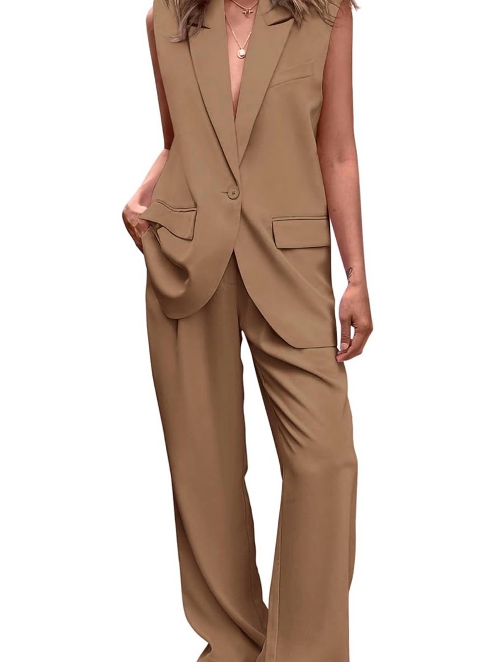 Sleeveless Tailored Vest & Wide-Leg Pants Set - Brown